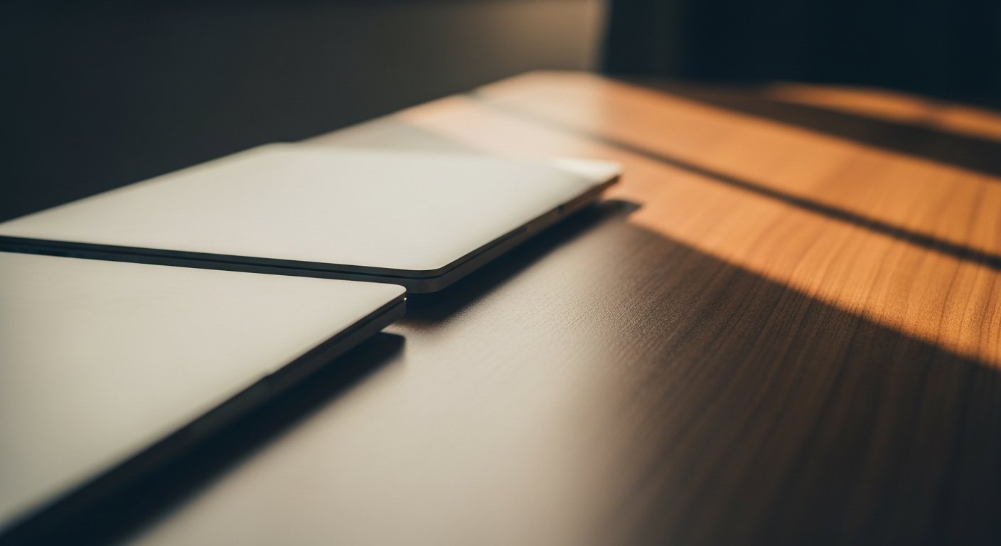 Two closed laptops on wooden desk viewed from top-down angle