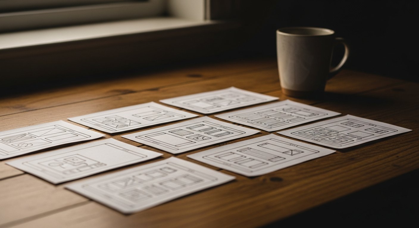 Paper UI screen sketches in a grid on a desk
