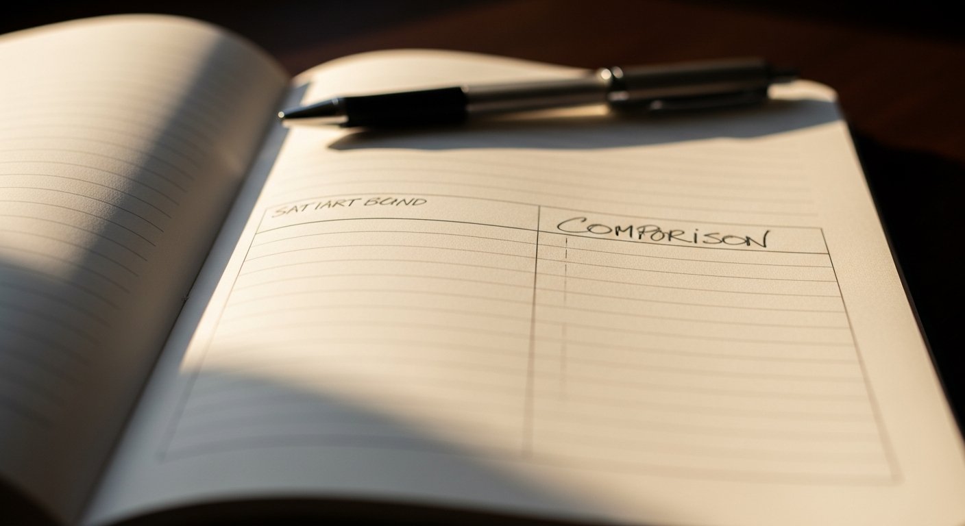 Paper notebook with pencil-sketched comparison table