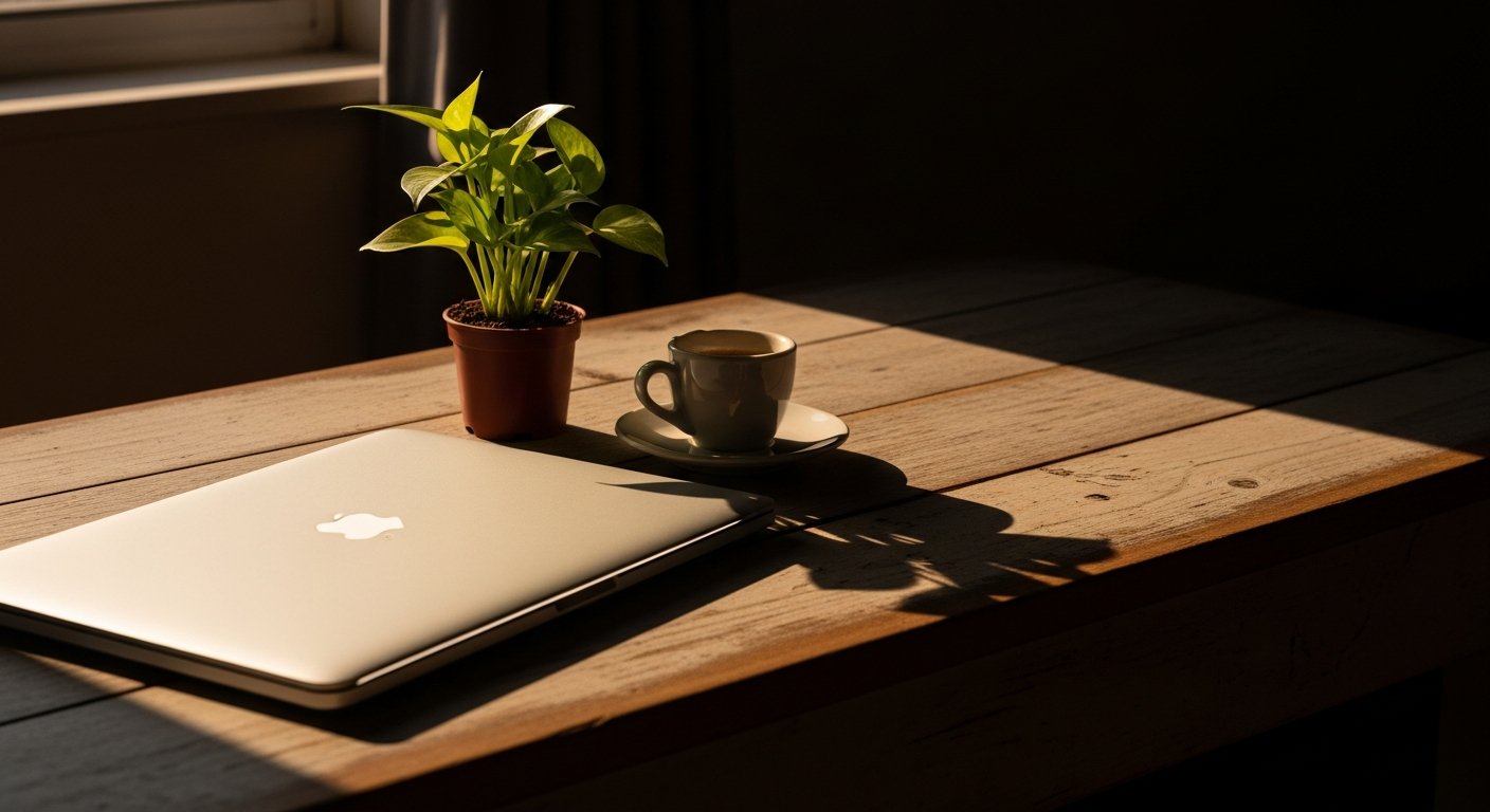 Closed laptop with small plant and espresso cup in afternoon light