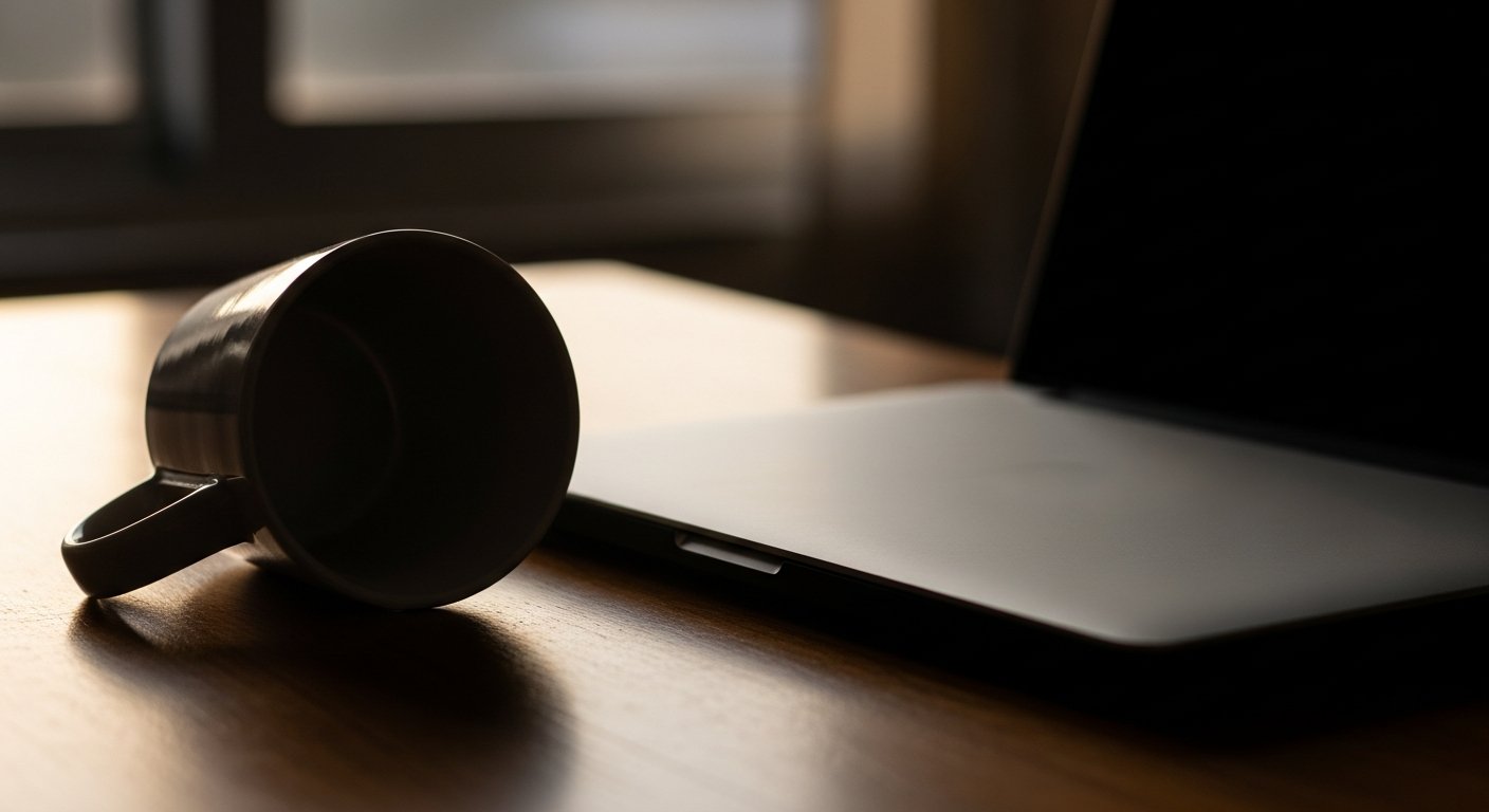 Empty knocked-over coffee mug beside closed laptop