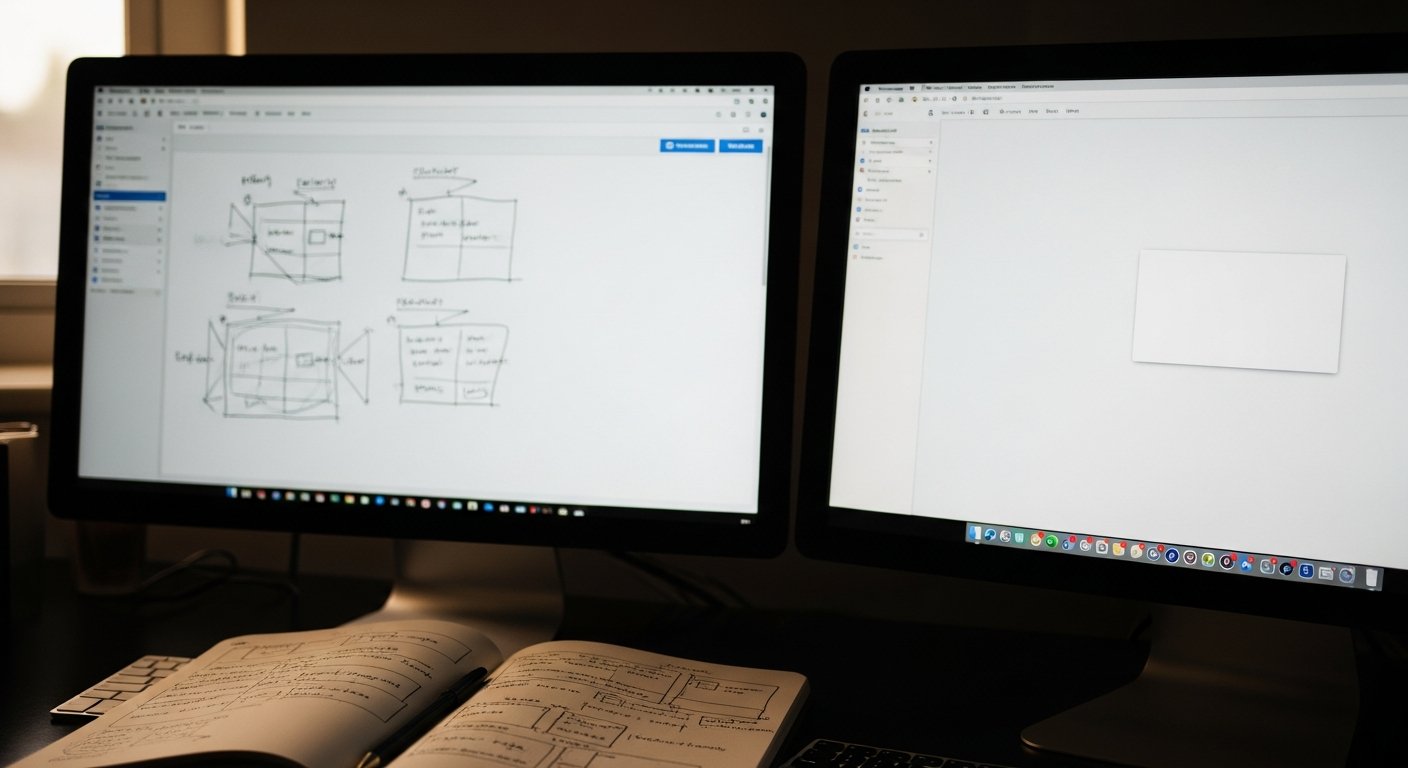 Two screens side by side: wireframe sketches and a polished interface
