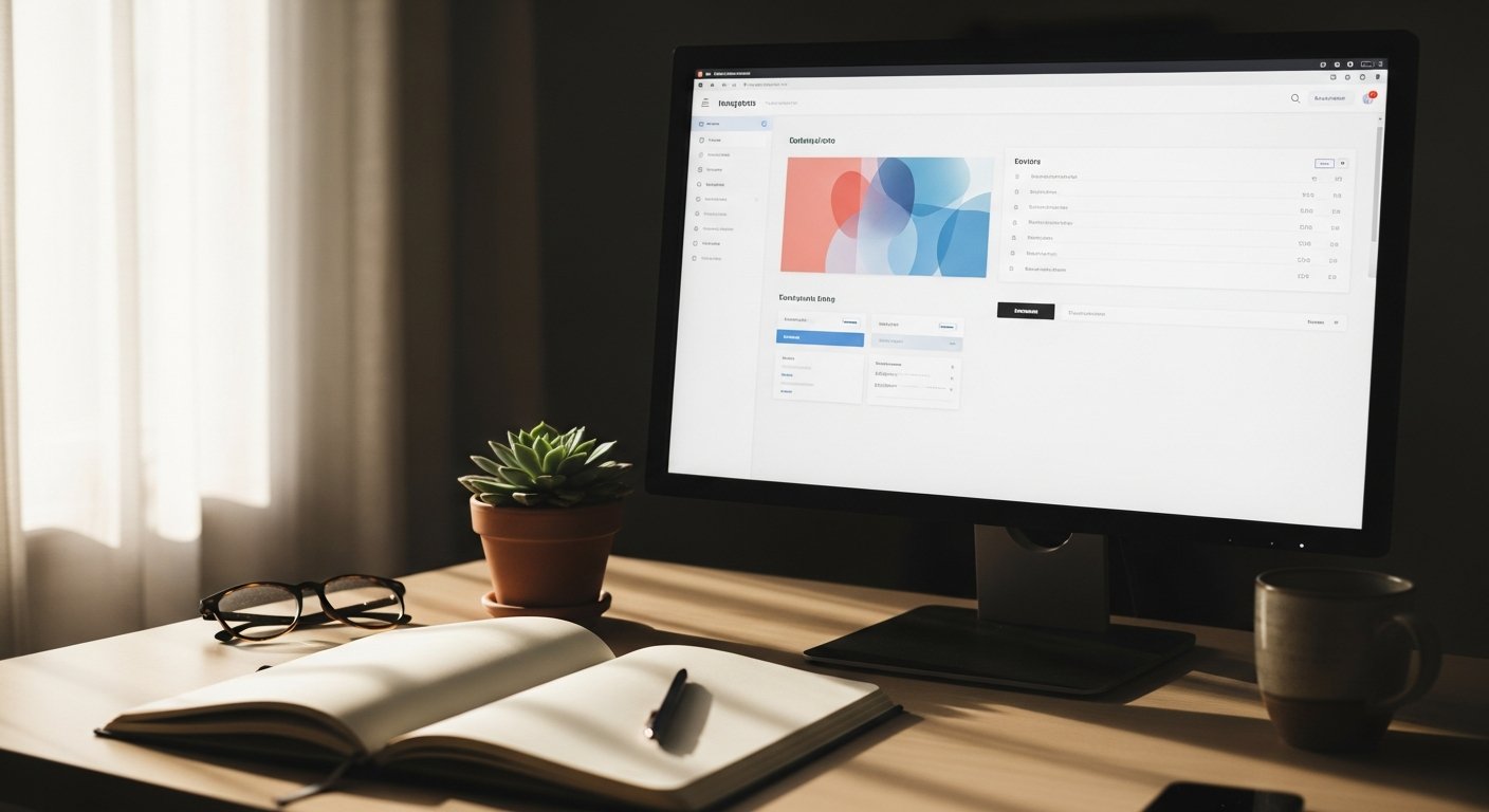 Monitor showing dashboard interface beside notebook and succulent plant